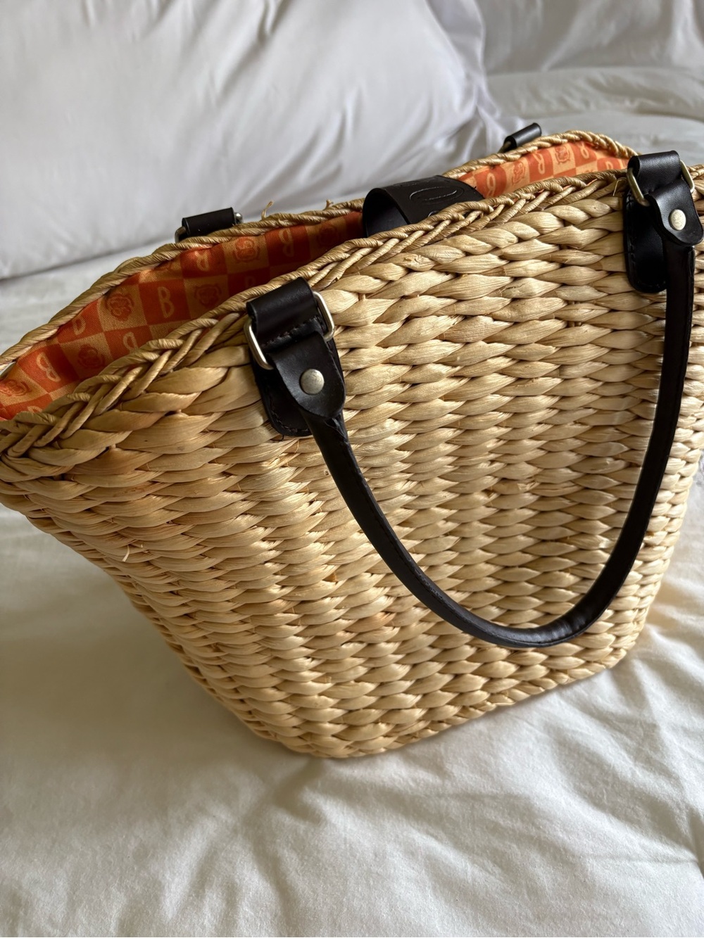 Borghese Woven Straw Tote Bag Dark Brown Leather Handles Boho Summer Beach Purse